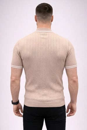 Erkek Fitilli Triko Dokuma Kısa Kol Tişört Yarım Boğaz Modern Yazlık T-Shirt - Bej