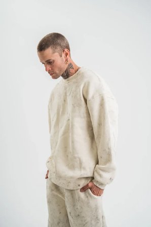 Erkek 3 İplik Pamuklu Yağ Yıkamalı Sweatshirt Double Oversize Bisiklet Yaka Uzun Kol - Krem