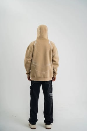 Erkek Şimşek Baskılı Kapşonlu Sweatshirt Üç İplik Pamuklu Kanguru Cepli Double Oversize Hoodie - Bej
