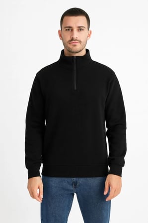 Erkek Dik Yaka Sweatshirt Dik Yaka Yarım Fermuarlı 3 İplik Şardonlu Pamuk Kumaş - Siyah