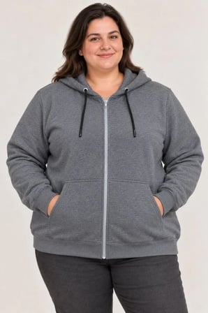 Battal Büyük Beden Üç İplik İçi Şardonlu Kapüşonlu Tam Fermuarlı Kışlık Sweatshirt - Füme