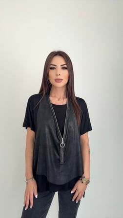 Kadın Kısa Kollu Yuvarlak Yaka Viskon Bluz + Kolsuz Fermuarlı çatlak Deri Yelek