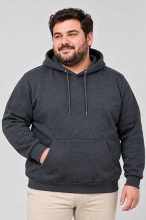 Erkek Battal Büyük Beden Üç İplik İçi Şardonlu Kapüşonlu Kanguru Cepli Kışlık Sweatshirt - Füme
