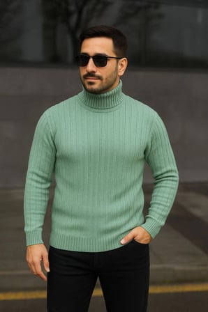 Erkek Balıkcı Yaka Bağazlı Triko Kazak Pamuklu Kalın Fitilli Dokuma, Regular Fit Uzun Kollu Kışlık Model - Mint Yeşili