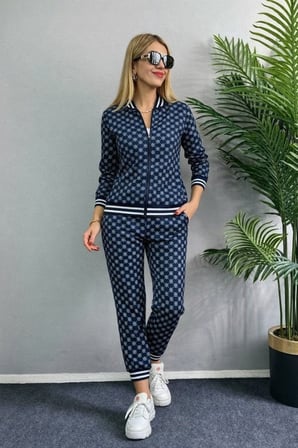 Kadın Uzun Kollu önden Fermuarlı Desenli Iki Iplik Bluz Ve Pantolon Ikili Takım