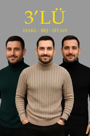 Erkek Fitilli Triko Kazak 3lÜ Set Bej Haki Siyah Regular Balıkcı Yaka Tam Boğazlı Triko Seti Modeli Kazak