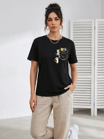 Sevimli Kedi Cep Baskılı Tişört Kısa Kol Yazlık T-Shirt - Siyah