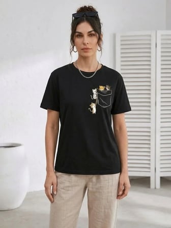 Sevimli Kedi Cep Baskılı Tişört Kısa Kol Yazlık T-Shirt - Siyah