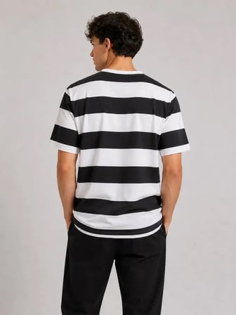 Erkek Çizgili Oversize Tişört Bisiklet Yaka Kısa Kol Yazlık T-Shirt - Siyah