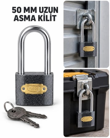 50 mm Gri Uzun Kelepçeli Asma Kilit – 2 Anahtarlı Depo, Dolap ve Takım Çantası Kilidi