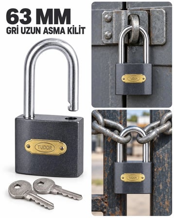 63 mm Gri Uzun Kelepçeli Asma Kilit – 2 Anahtarlı Depo, Dolap ve Takım Çantası Kilidi