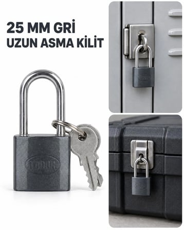 25 mm Gri Uzun Kelepçeli Asma Kilit – 2 Anahtarlı Depo, Dolap ve Takım Çantası Kilidi