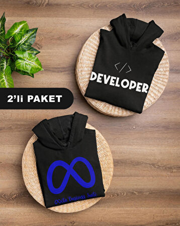  Yazılımcılara Özel Meta Baskılı Kangru Sweat (2'li Paket), Unisex, Regular Hoddie