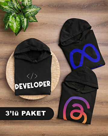 Yazılımcılara Özel Meta Baskılı Kangru Sweat (3'lü Paket), Unisex, Regular Hoddie