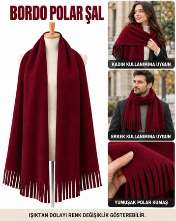 Unisex Polar Şal, Kadın ve Erkek Kışlık Püsküllü Yumuşak Polar Kumaş Şal