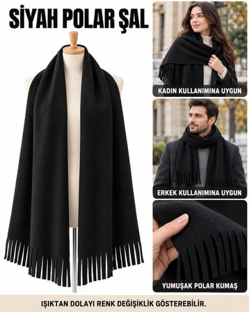 Unisex Polar Şal, Kadın ve Erkek Kışlık Püsküllü Yumuşak Polar Kumaş Şal