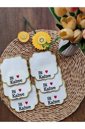 GOLD Nakışlı Keten Kumaş Bi Kahve İşlemeli Şık Sunum Peçetesi, Kokteyl Peçetesi 6’lı