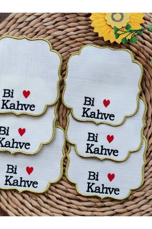 GOLD Nakışlı Keten Kumaş Bi Kahve İşlemeli Şık Sunum Peçetesi, Kokteyl Peçetesi 6’lı