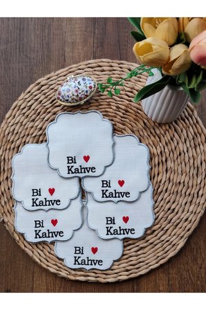 GÜMÜŞ Nakışlı Keten Kumaş Bi Kahve İşlemeli Şık Sunum Peçetesi, Kokteyl Peçetesi 6’lı