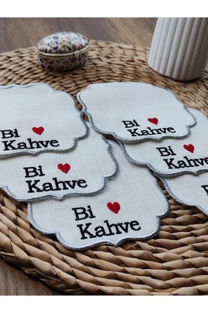 GÜMÜŞ Nakışlı Keten Kumaş Bi Kahve İşlemeli Şık Sunum Peçetesi, Kokteyl Peçetesi 6’lı