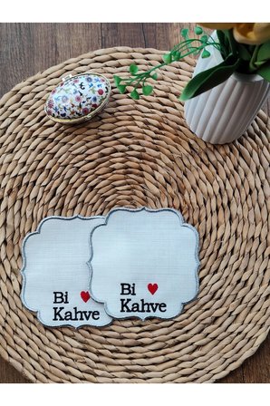 GÜMÜŞ Nakışlı Keten Kumaş Bi Kahve İşlemeli Şık Sunum Peçetesi, Kokteyl Peçetesi 6’lı