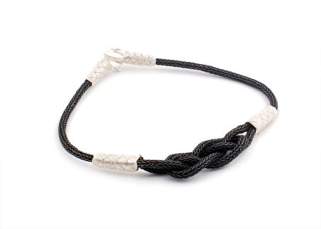 Sonsuzluk Gümüş Kazaziye El Örgüsü Siyah Beyaz Bileklik