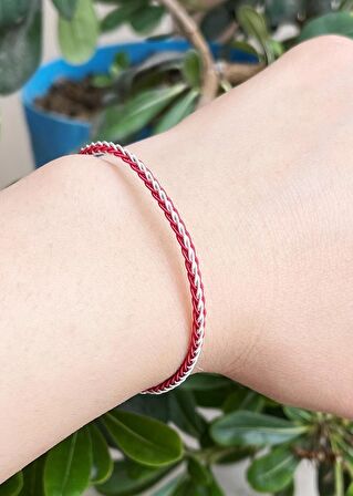 Kırmızı Tilki Kuyruğu Örgü Gümüş Kazaziye Bileklik