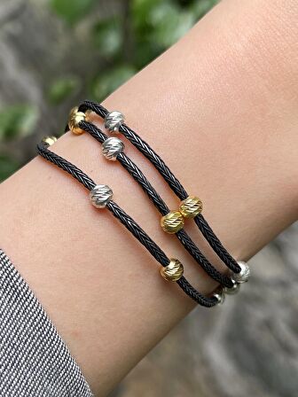 Gümüş Kazaziye Karışık Renkli Dorika Boncuklu Üç Zincirli Siyah Bileklik