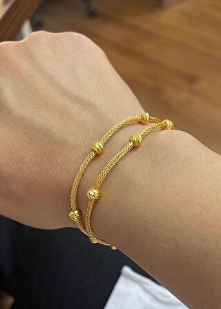 Dore Dorika Boncuklu Gümüş Kazaziye İki Zincirli Altın Rengi Bileklik