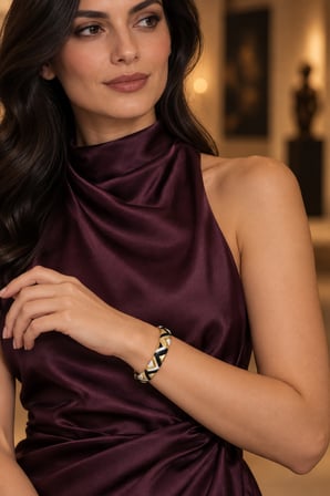 Zikzak Motifli Siyah Beyaz Altın Renk Detaylı Cam Boncuk VIP Model Özel Seri Bileklik
