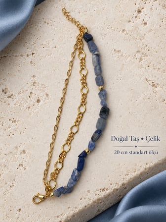 Mavi Doğal Taşlı Üç Sıralı Zincir  Altın Renk 20 cm 316L Paslanmaz Çelik Bileklik