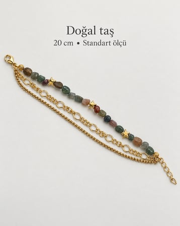 Doğal Taşlı Yıldız Detaylı Altın Renk Üç Sıralı Zincir Kadın  20 cm 316L Paslanmaz Çelik Bileklik