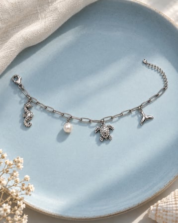 Denizatı ve Deniz Kaplumbağası Figürlü İnci Detaylı Gümüş Renk 316L Paslanmaz Çelik Kadın Bileklik