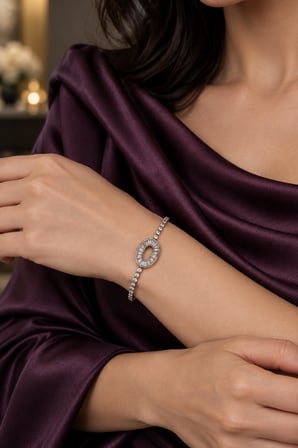 Gümüş Renk Oval Baget Taşlı Kadın Bileklik 316L Paslanmaz Çelik