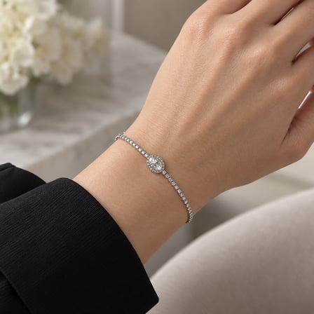 Oval Taşlı Gümüş Renk İnce Sıra Taşlı Kadın Bileklik 316L Paslanmaz Çelik
