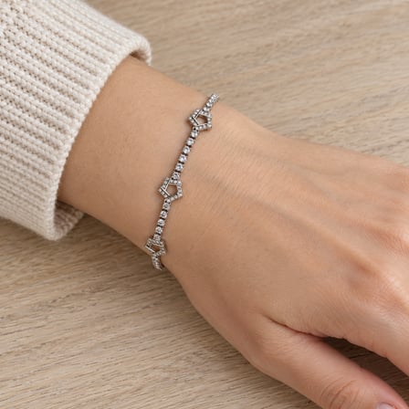 Gümüş Renk Üçlü Beşgen Motifli Taşlı Kadın Bileklik 316L Paslanmaz Çelik