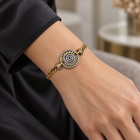 Altın Rengi Taşlı Spiral Motifli Zincir Kadın Bileklik 316L Paslanmaz Çelik