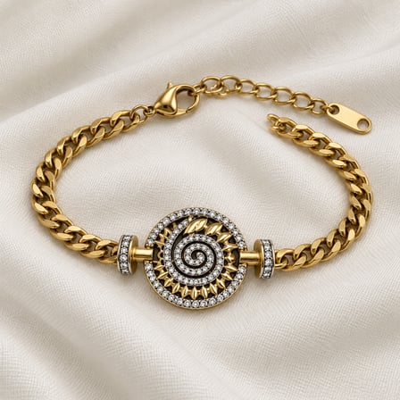 Altın Rengi Taşlı Spiral Motifli Zincir Kadın Bileklik 316L Paslanmaz Çelik