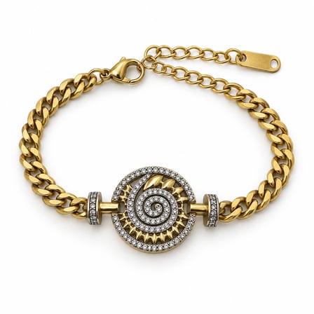Altın Rengi Taşlı Spiral Motifli Zincir Kadın Bileklik 316L Paslanmaz Çelik