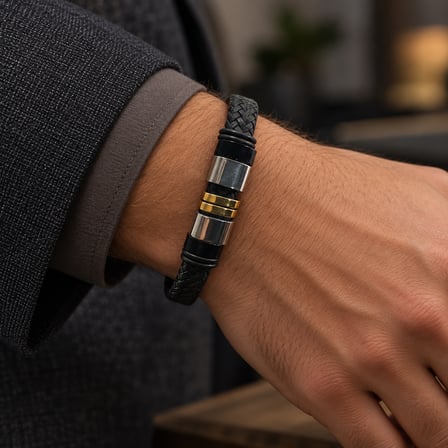 Siyah Örgü Erkek Bileklik Altın ve Gümüş Renk Metal Detaylı-Orijinal Deri