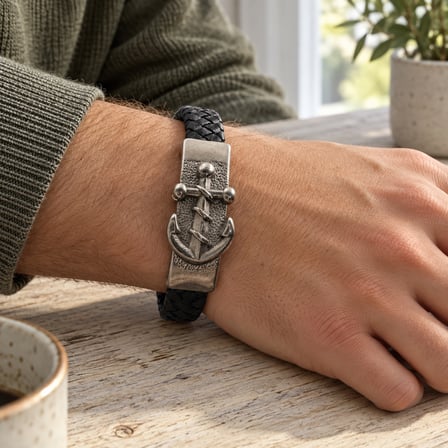 Çapa Figürlü Siyah Örgü Deri Erkek Bileklik Gümüş Renk Metal Detaylı