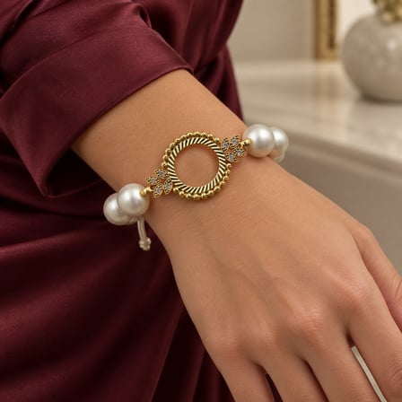 14K Altın Rengi Çeyreklik Oval Halkalı Taşlı İnci Görünümlü Ayarlanabilir İpli Kadın Bileklik