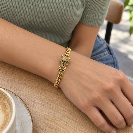 14K Altın Rengi Yeşil Gözlü Taşlı Panter Figürlü Gurmet Zincir Kadın Bileklik