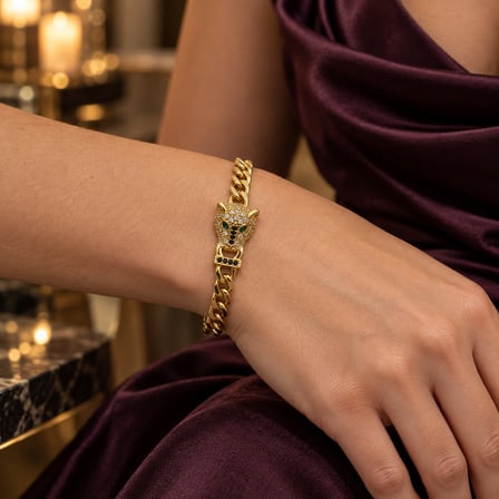 14K Altın Rengi Yeşil Gözlü Taşlı Panter Figürlü Gurmet Zincir Kadın Bileklik