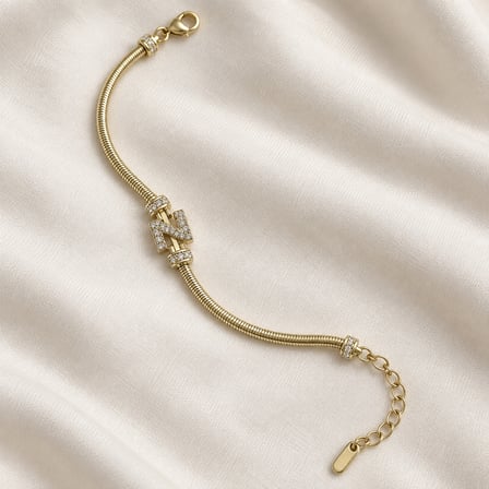 14K Altın Renginde N Harfli Taşlı Yılan Zincir Kadın Bileklik +5cm Uzatma