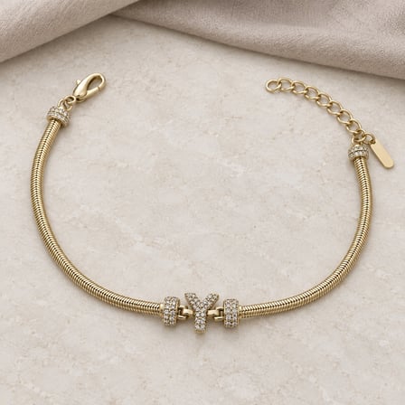 14K Altın Renginde Y Harfli Taşlı Yılan Zincir Kadın Bileklik +5cm Uzatma