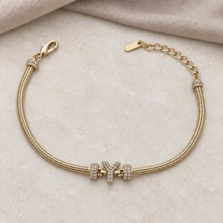 14K Altın Renginde Y Harfli Taşlı Yılan Zincir Kadın Bileklik +5cm Uzatma