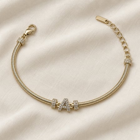 14K Altın Renginde A Harfli Taşlı Yılan Zincir Kadın Bileklik +5cm Uzatma