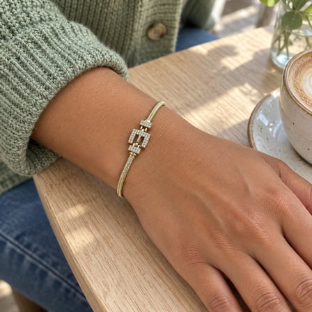 14K Altın Renginde E Harfli Taşlı Yılan Zincir Kadın Bileklik +5cm Uzatma