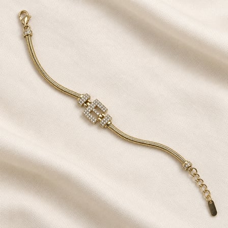 14K Altın Renginde E Harfli Taşlı Yılan Zincir Kadın Bileklik +5cm Uzatma